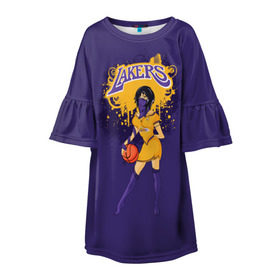 Детское платье 3D с принтом Lakers в Петрозаводске, 100% полиэстер | прямой силуэт, чуть расширенный к низу. Круглая горловина, на рукавах — воланы | basketball | cheerleader | girl | lakers | nba | street