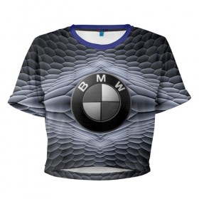 Женская футболка 3D укороченная с принтом BMW шестигранный фон в Петрозаводске, 100% полиэстер | круглая горловина, длина футболки до линии талии, рукава с отворотами | bmw | авто | автомобиль | блатная | бмв | бумер | бэха | геометрия | иномарка | концерн | красивая | марка немецкая | машина | прикольная | пузыри | расцветка | солдат | тачила | форм | шестигранники