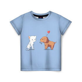 Детская футболка 3D с принтом Котенок и щенок, любовь в Петрозаводске, 100% гипоаллергенный полиэфир | прямой крой, круглый вырез горловины, длина до линии бедер, чуть спущенное плечо, ткань немного тянется | 