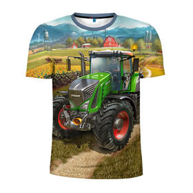 Мужская футболка 3D спортивная с принтом Farming simulator 2 в Петрозаводске, 100% полиэстер с улучшенными характеристиками | приталенный силуэт, круглая горловина, широкие плечи, сужается к линии бедра | Тематика изображения на принте: farming | simulator | трактор | фермер