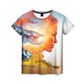 Женская футболка 3D с принтом HZD 3 в Петрозаводске, 100% полиэфир ( синтетическое хлопкоподобное полотно) | прямой крой, круглый вырез горловины, длина до линии бедер | dawn | horizon | zero | роботы