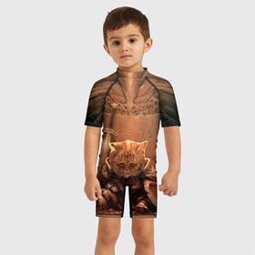 Детский купальный костюм 3D с принтом Довакин в Петрозаводске, Полиэстер 85%, Спандекс 15% | застежка на молнии на спине | bloodmoon | elder | morrowind | oblivion | scrolls | skyrim | tribunal