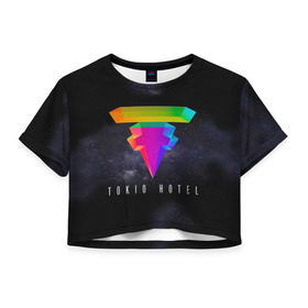 Женская футболка 3D укороченная с принтом Tokio Hotel в Петрозаводске, 100% полиэстер | круглая горловина, длина футболки до линии талии, рукава с отворотами | 2017 | dream machine | tokio hotel | билл каулитц | георг листинг | густав шефер | токийский отель | том каулиц