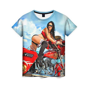 Женская футболка 3D с принтом Девушка на мотоцикле в Петрозаводске, 100% полиэфир ( синтетическое хлопкоподобное полотно) | прямой крой, круглый вырез горловины, длина до линии бедер | байкер