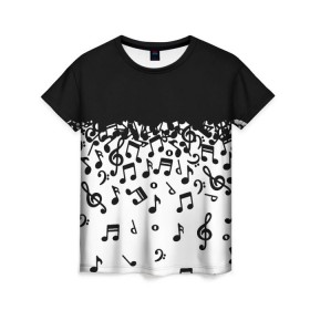 Женская футболка 3D с принтом Поглощение музыкой в Петрозаводске, 100% полиэфир ( синтетическое хлопкоподобное полотно) | прямой крой, круглый вырез горловины, длина до линии бедер | абстракция | арт | дизайн | музыка | ноты | ритм
