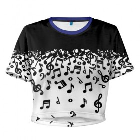 Женская футболка 3D укороченная с принтом Поглощение музыкой в Петрозаводске, 100% полиэстер | круглая горловина, длина футболки до линии талии, рукава с отворотами | абстракция | арт | дизайн | музыка | ноты | ритм