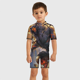 Детский купальный костюм 3D с принтом Оборотень в Петрозаводске, Полиэстер 85%, Спандекс 15% | застежка на молнии на спине | волк | оборотень | огонь | руины | цепи