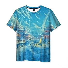 Мужская футболка 3D с принтом Зимний городок в Петрозаводске, 100% полиэфир | прямой крой, круглый вырез горловины, длина до линии бедер | ночь | пейзаж | снег