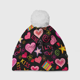Шапка 3D c помпоном с принтом Love в Петрозаводске, 100% полиэстер | универсальный размер, печать по всей поверхности изделия | kiss | love | звезды | любовь | подарок | поцелуй | сердце | цветы