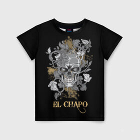 Детская футболка 3D с принтом El Chapo в Петрозаводске, 100% гипоаллергенный полиэфир | прямой крой, круглый вырез горловины, длина до линии бедер, чуть спущенное плечо, ткань немного тянется | Тематика изображения на принте: el chapo | глаза | скелет | тату | цветы | череп