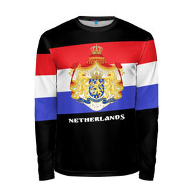 Мужской лонгслив 3D с принтом Флаг и герб Нидерланды в Петрозаводске, 100% полиэстер | длинные рукава, круглый вырез горловины, полуприлегающий силуэт | амстердам | голландия | европа