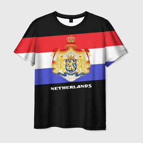 Мужская футболка 3D с принтом Флаг и герб Нидерланды в Петрозаводске, 100% полиэфир | прямой крой, круглый вырез горловины, длина до линии бедер | Тематика изображения на принте: амстердам | голландия | европа