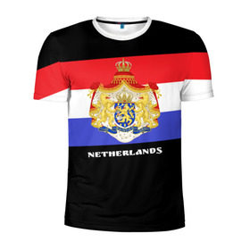 Мужская футболка 3D спортивная с принтом Флаг и герб Нидерланды в Петрозаводске, 100% полиэстер с улучшенными характеристиками | приталенный силуэт, круглая горловина, широкие плечи, сужается к линии бедра | Тематика изображения на принте: амстердам | голландия | европа