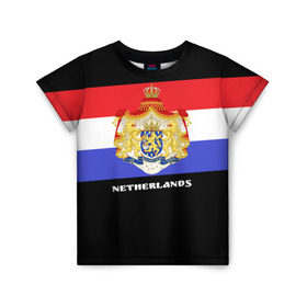 Детская футболка 3D с принтом Флаг и герб Нидерланды в Петрозаводске, 100% гипоаллергенный полиэфир | прямой крой, круглый вырез горловины, длина до линии бедер, чуть спущенное плечо, ткань немного тянется | амстердам | голландия | европа