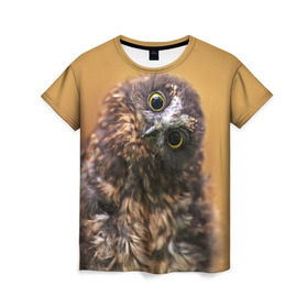 Женская футболка 3D с принтом Совёнок в Петрозаводске, 100% полиэфир ( синтетическое хлопкоподобное полотно) | прямой крой, круглый вырез горловины, длина до линии бедер | взгляд | глаза | клюв | пернатые | перья | прикол | птица | сова | юмор