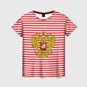 Женская футболка 3D с принтом Тельняшка ВВ и герб РФ в Петрозаводске, 100% полиэфир ( синтетическое хлопкоподобное полотно) | прямой крой, круглый вырез горловины, длина до линии бедер | красный | полосатый