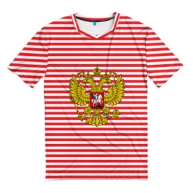 Мужская футболка 3D с принтом Тельняшка ВВ и герб РФ в Петрозаводске, 100% полиэфир | прямой крой, круглый вырез горловины, длина до линии бедер | красный | полосатый