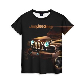 Женская футболка 3D с принтом Jeep в Петрозаводске, 100% полиэфир ( синтетическое хлопкоподобное полотно) | прямой крой, круглый вырез горловины, длина до линии бедер | brand | car | chrysler | jeep | logo | usa | автомобиль | джип | крайслер | логотип | марка | сша