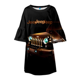 Детское платье 3D с принтом Jeep в Петрозаводске, 100% полиэстер | прямой силуэт, чуть расширенный к низу. Круглая горловина, на рукавах — воланы | Тематика изображения на принте: brand | car | chrysler | jeep | logo | usa | автомобиль | джип | крайслер | логотип | марка | сша
