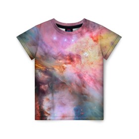 Детская футболка 3D с принтом Светящаяся туманность в Петрозаводске, 100% гипоаллергенный полиэфир | прямой крой, круглый вырез горловины, длина до линии бедер, чуть спущенное плечо, ткань немного тянется | Тематика изображения на принте: m 42 | вселенная | галактика | звезды | космос | свет | туманность ориона | цвет