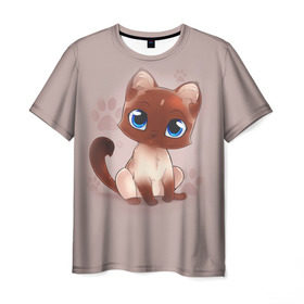 Мужская футболка 3D с принтом Киска в Петрозаводске, 100% полиэфир | прямой крой, круглый вырез горловины, длина до линии бедер | взгляд | глаза | киска | кот | котёнок | кошка | лапа | след | хвост