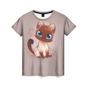 Женская футболка 3D с принтом Киска в Петрозаводске, 100% полиэфир ( синтетическое хлопкоподобное полотно) | прямой крой, круглый вырез горловины, длина до линии бедер | взгляд | глаза | киска | кот | котёнок | кошка | лапа | след | хвост