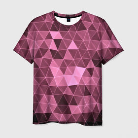 Мужская футболка 3D с принтом Розовые треугольники в Петрозаводске, 100% полиэфир | прямой крой, круглый вырез горловины, длина до линии бедер | abstract | gray | lowpoly | polygon | triangle | абстракция | геометрия | полигоны | треугольники