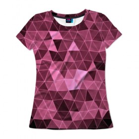 Женская футболка 3D с принтом Розовые треугольники в Петрозаводске, 100% полиэфир ( синтетическое хлопкоподобное полотно) | прямой крой, круглый вырез горловины, длина до линии бедер | abstract | gray | lowpoly | polygon | triangle | абстракция | геометрия | полигоны | треугольники