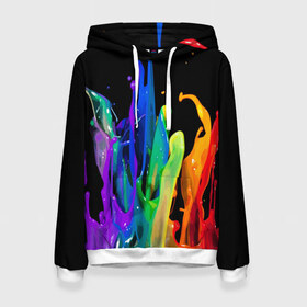 Женская толстовка 3D с принтом Краски в Петрозаводске, 100% полиэстер  | двухслойный капюшон со шнурком для регулировки, мягкие манжеты на рукавах и по низу толстовки, спереди карман-кенгуру с мягким внутренним слоем. | background | black | bright | paint | rainbow | spectrum | splash | spray | брызги | всплеск | краски | радуга | спектр | фон | черный | яркие