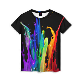 Женская футболка 3D с принтом Краски в Петрозаводске, 100% полиэфир ( синтетическое хлопкоподобное полотно) | прямой крой, круглый вырез горловины, длина до линии бедер | background | black | bright | paint | rainbow | spectrum | splash | spray | брызги | всплеск | краски | радуга | спектр | фон | черный | яркие