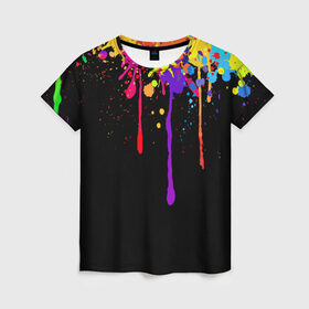 Женская футболка 3D с принтом Краски в Петрозаводске, 100% полиэфир ( синтетическое хлопкоподобное полотно) | прямой крой, круглый вырез горловины, длина до линии бедер | брызги | капли | кляксы | краски | спектр | яркие