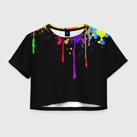 Женская футболка 3D укороченная с принтом Краски в Петрозаводске, 100% полиэстер | круглая горловина, длина футболки до линии талии, рукава с отворотами | брызги | капли | кляксы | краски | спектр | яркие