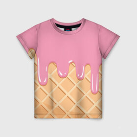 Детская футболка 3D с принтом Я Клубничный Рожок в Петрозаводске, 100% гипоаллергенный полиэфир | прямой крой, круглый вырез горловины, длина до линии бедер, чуть спущенное плечо, ткань немного тянется | ваниль | вафля | вкус | вкусно | вкусняшка | десерт | жара | капли | клубника | лед | лето | молоко | мороженка | мороженое | пломбир | принт | рожок | сладость | шоколад | эскимо