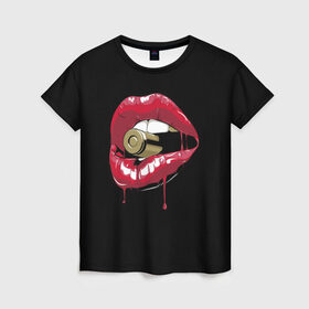 Женская футболка 3D с принтом Пуля в зубах в Петрозаводске, 100% полиэфир ( синтетическое хлопкоподобное полотно) | прямой крой, круглый вырез горловины, длина до линии бедер | губы | золотой зуб | краска | красная помада | красный | пуля