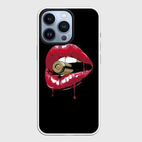 Чехол для iPhone 13 Pro с принтом Пуля в зубах в Петрозаводске,  |  | Тематика изображения на принте: губы | золотой зуб | краска | красная помада | красный | пуля
