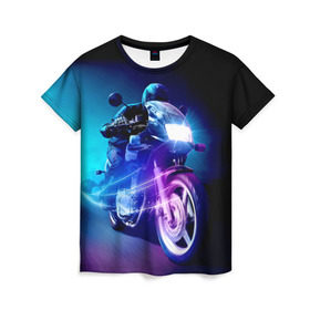 Женская футболка 3D с принтом Мотоциклист в Петрозаводске, 100% полиэфир ( синтетическое хлопкоподобное полотно) | прямой крой, круглый вырез горловины, длина до линии бедер | city | light | motocross | motorcycle | motorcyclist | night | silhouette | speed | город | мотокросс | мотоцикл | мотоциклист | ночь | свет | силуэт | скорость