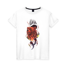 Женская футболка хлопок с принтом Медведь Тотем в Петрозаводске, 100% хлопок | прямой крой, круглый вырез горловины, длина до линии бедер, слегка спущенное плечо | бусы | индейский | след | тотемное животное