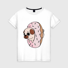 Женская футболка хлопок с принтом Мопс-пончик в Петрозаводске, 100% хлопок | прямой крой, круглый вырез горловины, длина до линии бедер, слегка спущенное плечо | 