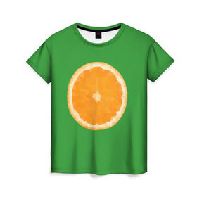 Женская футболка 3D с принтом Низкополигональный апельсин в Петрозаводске, 100% полиэфир ( синтетическое хлопкоподобное полотно) | прямой крой, круглый вырез горловины, длина до линии бедер | lowpoly | polygonal | апельсин | зеленый | оранджевый | полигон | полигональный | полигоны | яркий