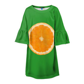 Детское платье 3D с принтом Низкополигональный апельсин в Петрозаводске, 100% полиэстер | прямой силуэт, чуть расширенный к низу. Круглая горловина, на рукавах — воланы | lowpoly | polygonal | апельсин | зеленый | оранджевый | полигон | полигональный | полигоны | яркий