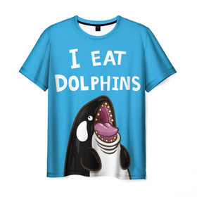 Мужская футболка 3D с принтом Я ем дельфинов в Петрозаводске, 100% полиэфир | прямой крой, круглый вырез горловины, длина до линии бедер | дельфины | касатка