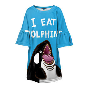 Детское платье 3D с принтом Я ем дельфинов в Петрозаводске, 100% полиэстер | прямой силуэт, чуть расширенный к низу. Круглая горловина, на рукавах — воланы | Тематика изображения на принте: дельфины | касатка