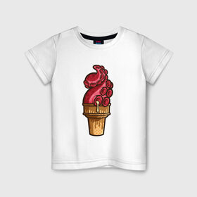 Детская футболка хлопок с принтом Мороженко в Петрозаводске, 100% хлопок | круглый вырез горловины, полуприлегающий силуэт, длина до линии бедер | мороженое | осьминог | рожок | тентакли