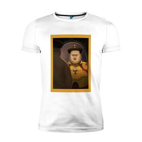 Мужская футболка премиум с принтом Счастливый Ким в Петрозаводске, 92% хлопок, 8% лайкра | приталенный силуэт, круглый вырез ворота, длина до линии бедра, короткий рукав | ким чен ын | северная корея