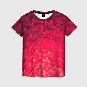 Женская футболка 3D с принтом Красные кубики в Петрозаводске, 100% полиэфир ( синтетическое хлопкоподобное полотно) | прямой крой, круглый вырез горловины, длина до линии бедер | абстракция | кубики | фигуры