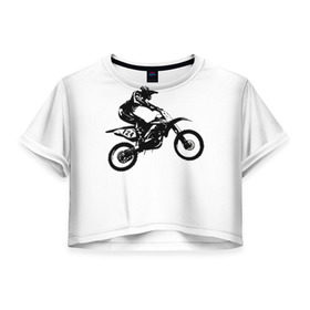 Женская футболка 3D укороченная с принтом Мотокросс в Петрозаводске, 100% полиэстер | круглая горловина, длина футболки до линии талии, рукава с отворотами | motocross | motorcycle | motorcyclist | silhouette | speed | stencil | мотокросс | мотоцикл | мотоциклист | силуэт | скорость | трафарет