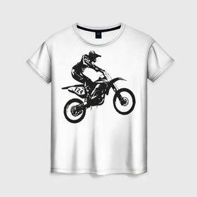 Женская футболка 3D с принтом Мотокросс в Петрозаводске, 100% полиэфир ( синтетическое хлопкоподобное полотно) | прямой крой, круглый вырез горловины, длина до линии бедер | motocross | motorcycle | motorcyclist | silhouette | speed | stencil | мотокросс | мотоцикл | мотоциклист | силуэт | скорость | трафарет