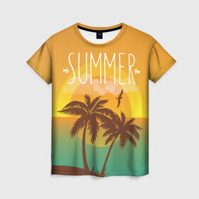Женская футболка 3D с принтом Летний пляж в Петрозаводске, 100% полиэфир ( синтетическое хлопкоподобное полотно) | прямой крой, круглый вырез горловины, длина до линии бедер | summer | sun | лето | море | пальмы | пляж | солнце | чайка