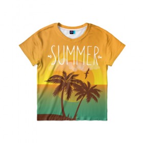 Детская футболка 3D с принтом Летний пляж в Петрозаводске, 100% гипоаллергенный полиэфир | прямой крой, круглый вырез горловины, длина до линии бедер, чуть спущенное плечо, ткань немного тянется | Тематика изображения на принте: summer | sun | лето | море | пальмы | пляж | солнце | чайка