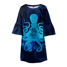 Детское платье 3D с принтом крутой осьминог в Петрозаводске, 100% полиэстер | прямой силуэт, чуть расширенный к низу. Круглая горловина, на рукавах — воланы | Тематика изображения на принте: вода | море | океан | осьминог | подводный мир | рыбы